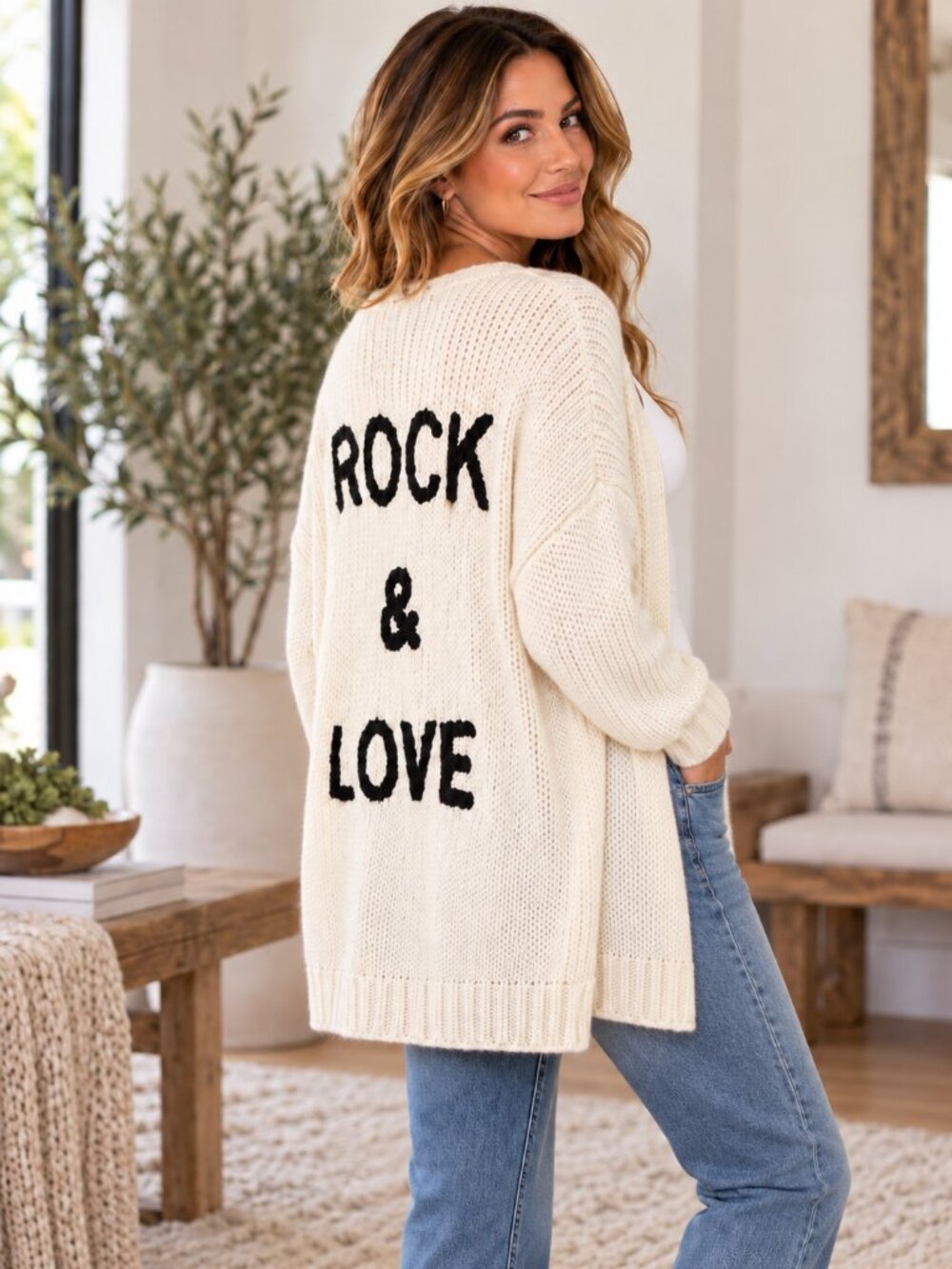 Rock & Love Graphic Sweater Women’s S White Chunky Knit Oversized Cardigan